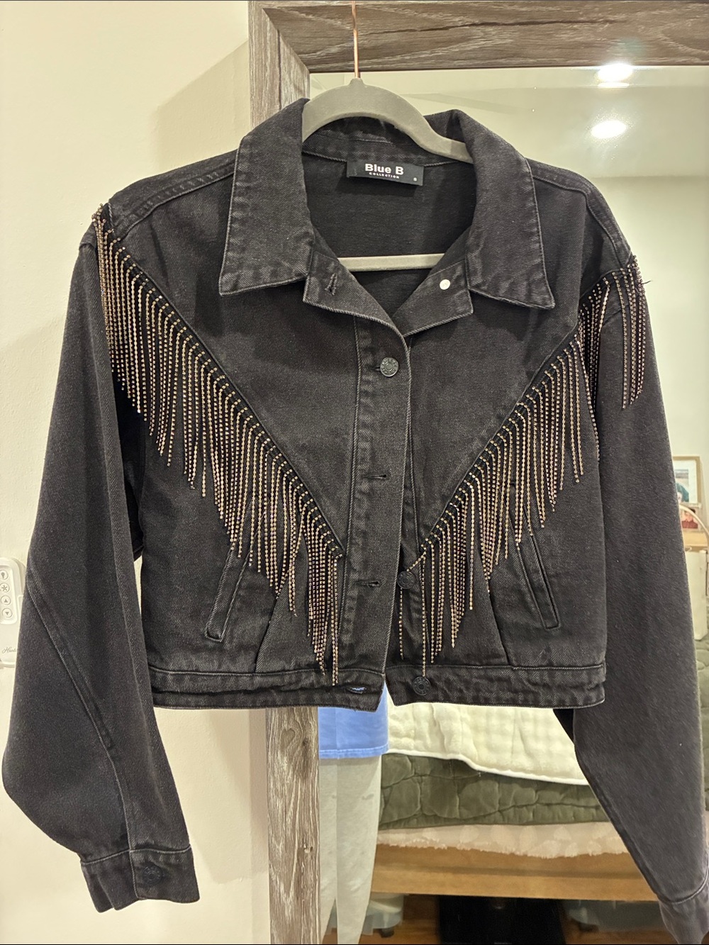 Blue B Black Cropped Denim Jacket with Metallic Fringe Detail